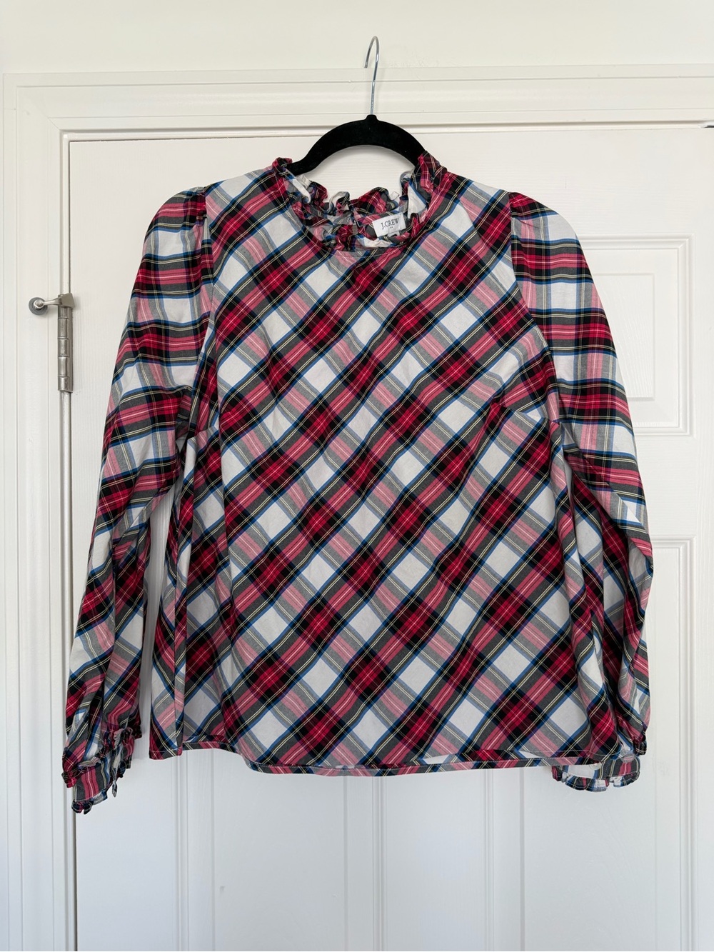 J. Crew Plaid Ruffle Neck Long-Sleeve Top